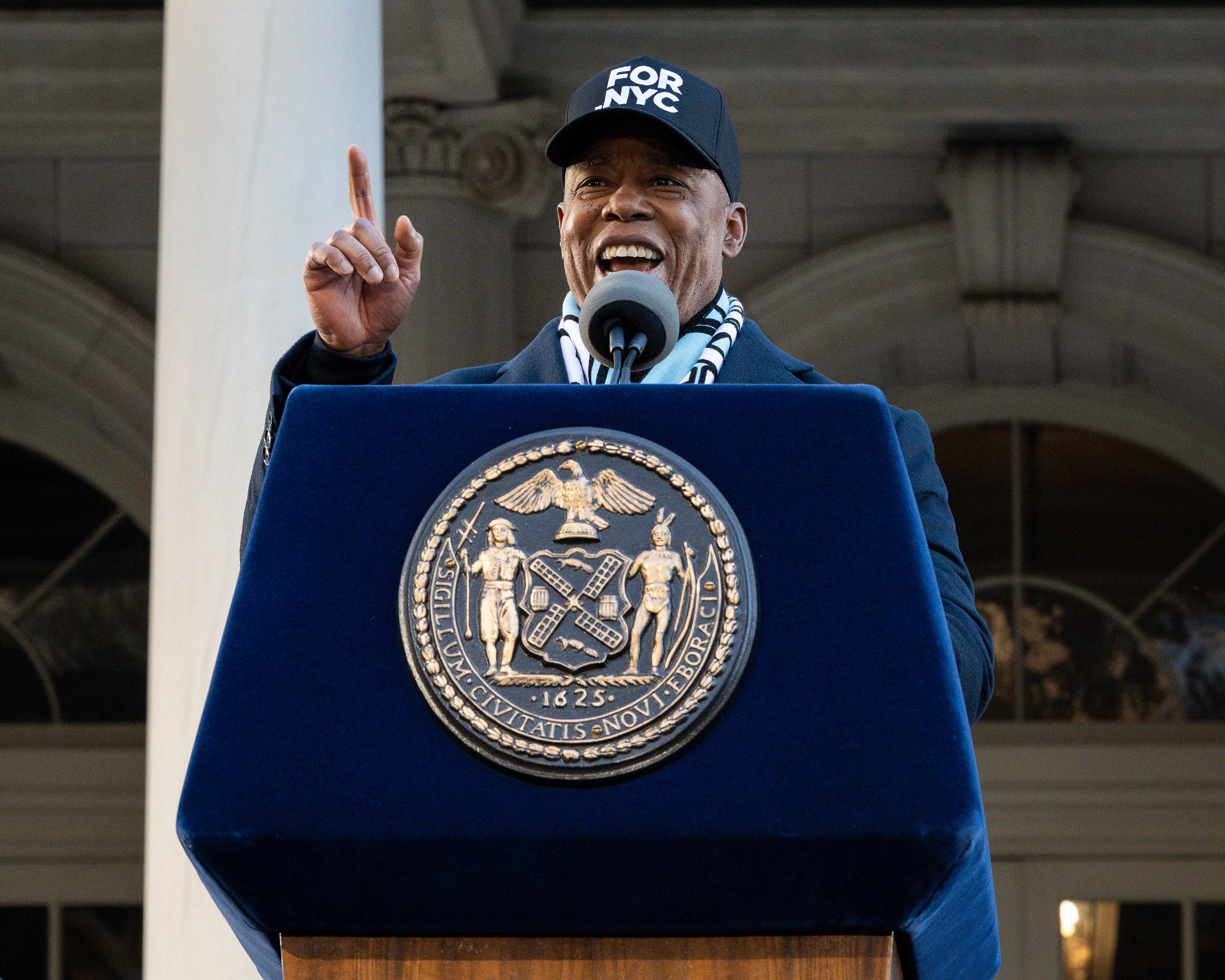 Mayor Eric Adams addresses the crowd at the Gotham FC's NWSL Championship celebration. 