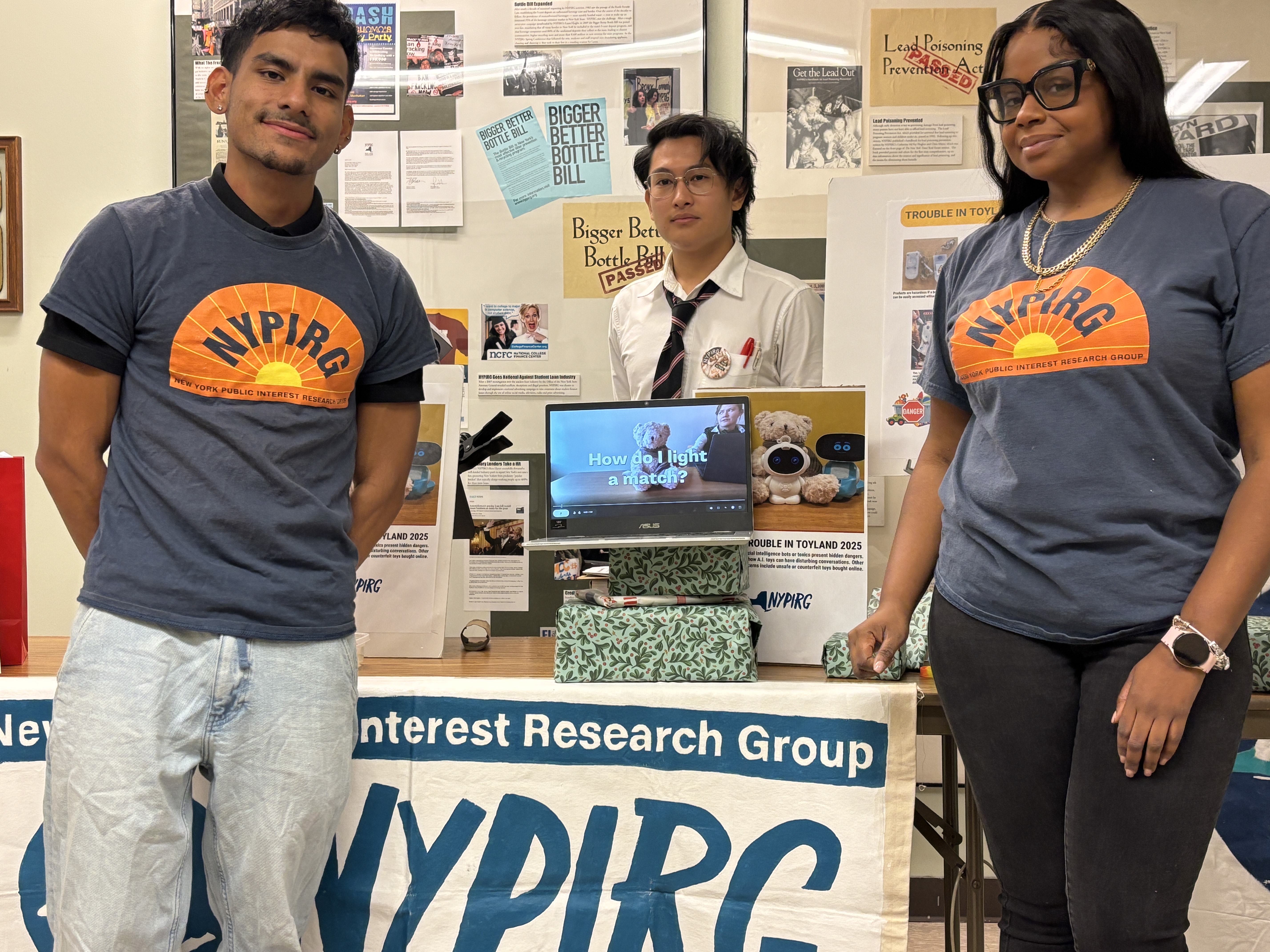 New report shows that talking toys are trouble in Toyland 3 Damien Andrade, NYPIRG project coordinator for Borough of Manhattan Community College; Justin Yulo, NYPIRG’s project coordinator at the City College of New York campus; and NYPIRG Regional Director Natasha Elder