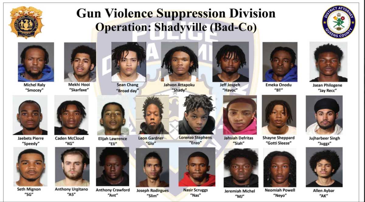 Alleged members of the Bad-Co Ballout gang, indicted on charges including murder, attempted murder, and conspiracy, are shown in mugshots released by the Queens District Attorney’s Office