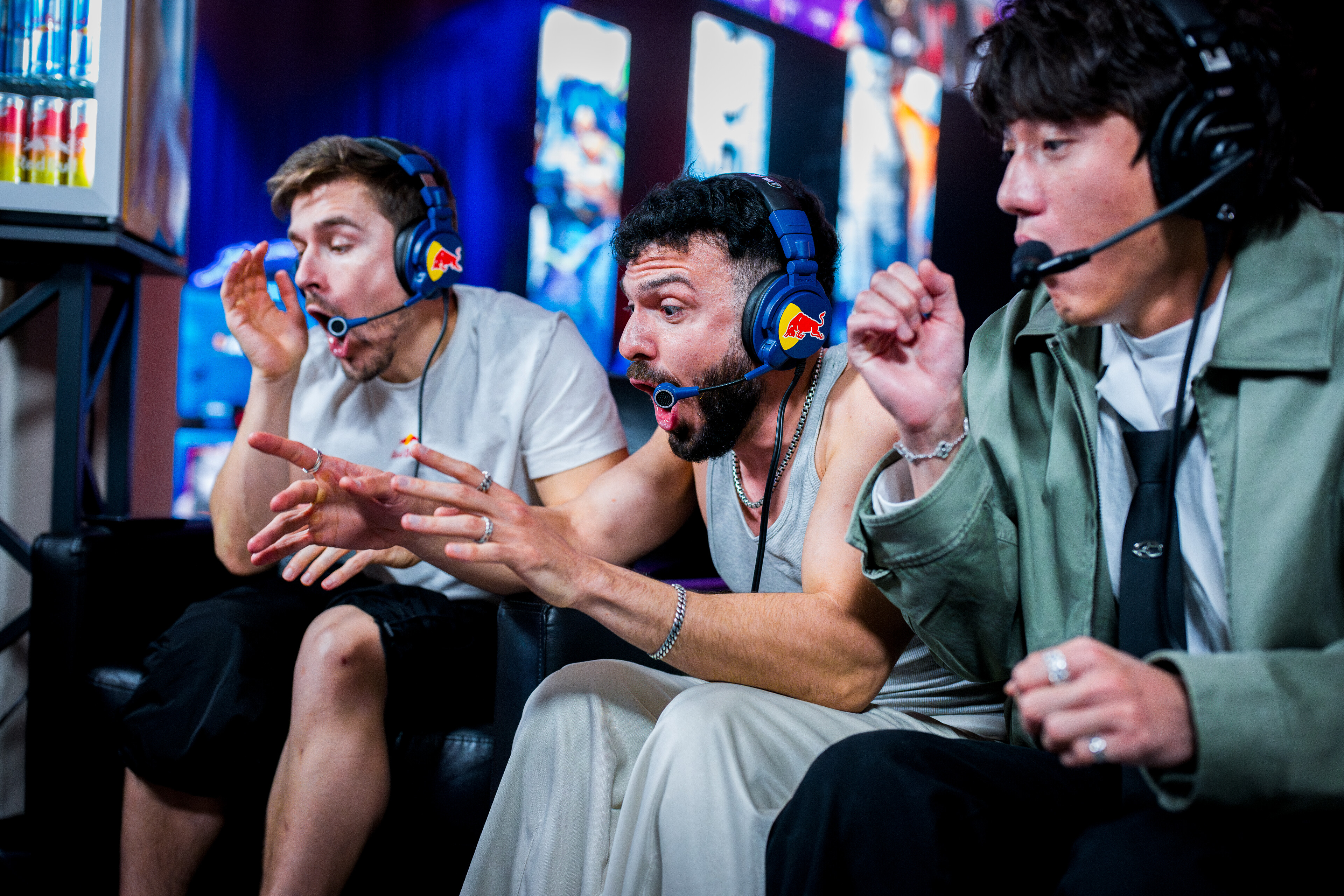 Tarik, Ludwig and iiTzTimmy reacting to a match at Red Bull Home Ground World Final in New York City, NY on November 16, 2025. 