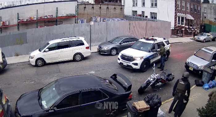 Home security footage shows NYPD officers speaking with ICE agents outside the Elmhurst residence. The officers are seen briefly speaking with the agents before leaving the scene.