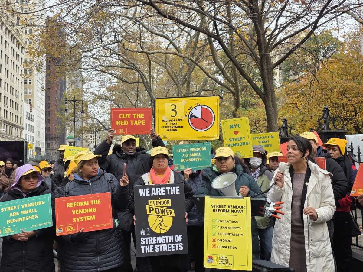 Council Member Pierina Ana Sanchez speaks at Wednesday's rally celebrating International Street Vendor Day outside City Hall. Photo by Shane O'Brien.