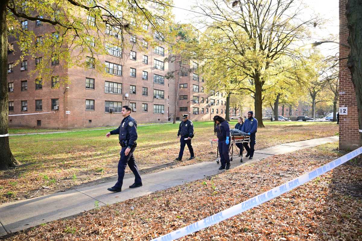 medical workers and cops wheel away body of dead infant in Brooklyn