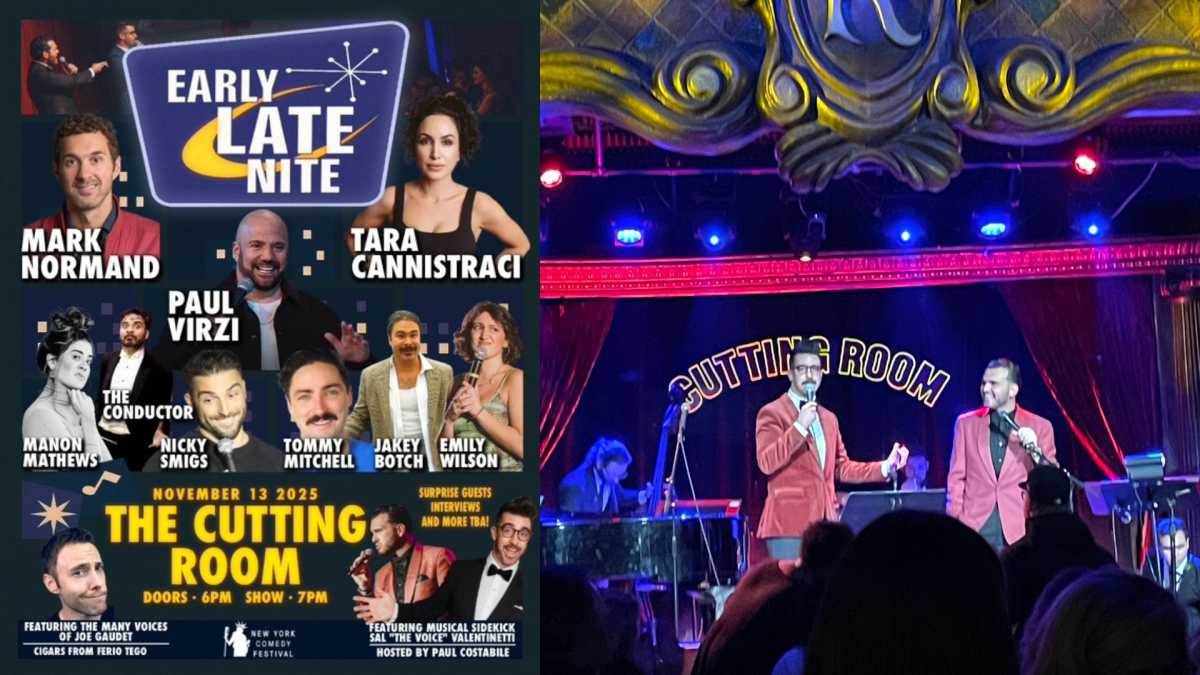 Comedian Paul Costabile and Sal “The Voice” Valentinetti (right) will take the stage at the Cutting Room for Early Late Night.