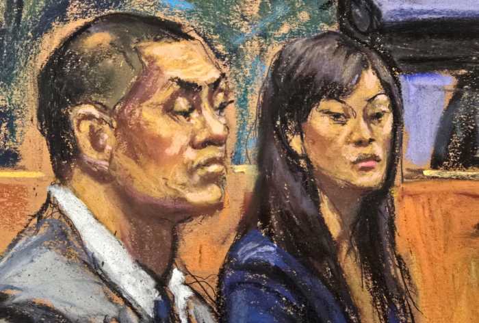 Defendants Chris Hu and Linda Sun at their trial in U.S. Court in NewYork in courtroom sketch
