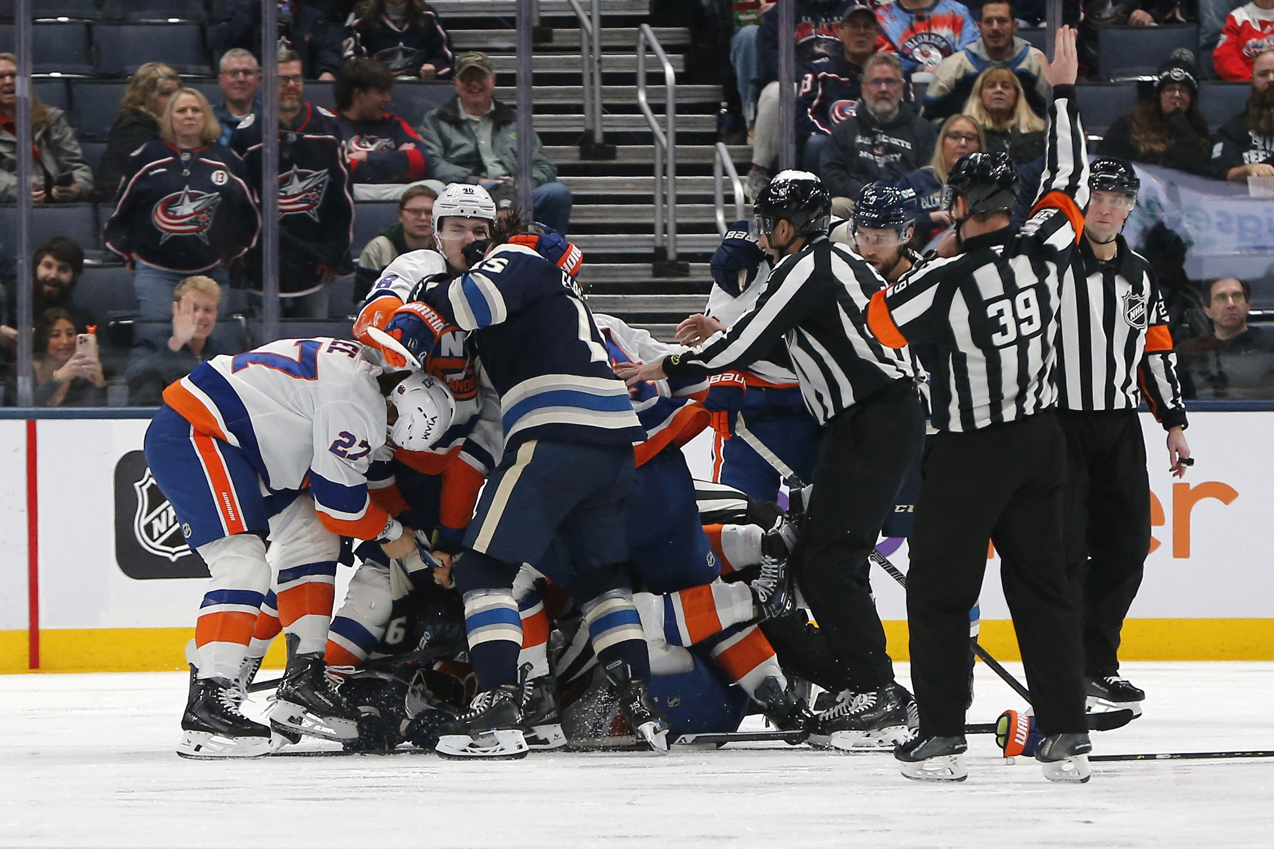 Islanders Blue Jackets fight Mathew Barzal Mason Marchment Schaefer