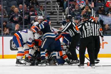 Islanders Blue Jackets fight Mathew Barzal Mason Marchment Schaefer