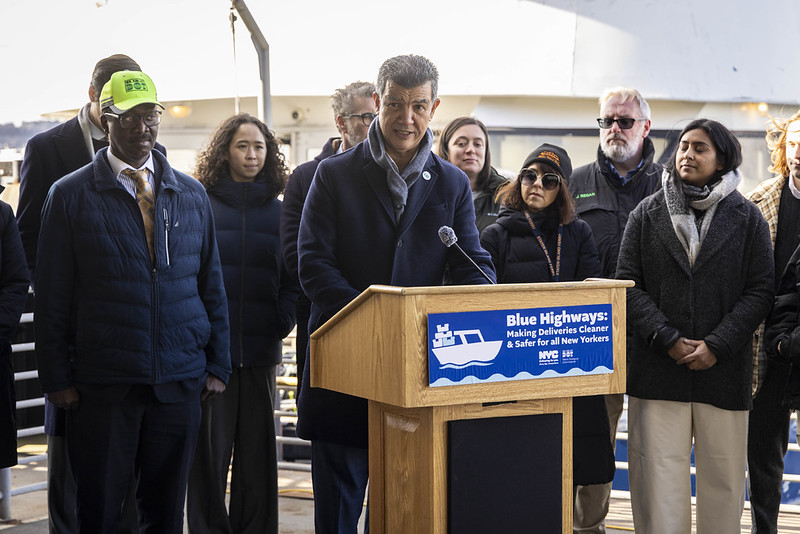 City Department of Transportation Commissioner Ydanis Rodriguez, along with other officials, kick off a pilot program testing the transport of consumer goods between Brooklyn and Manhattan. Thursday, Dec. 11, 2025.