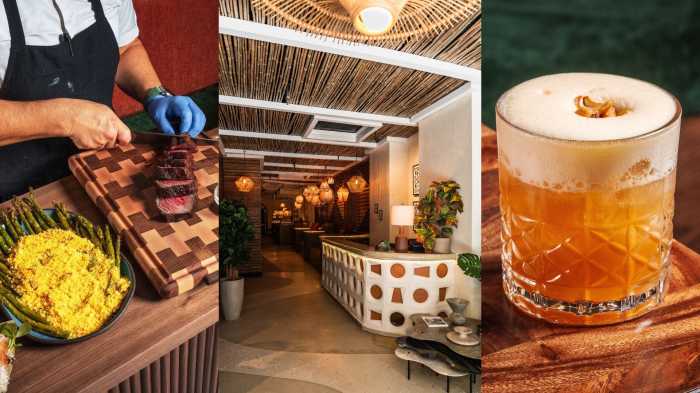 Berimbau Brazilian Table: Midtown’s newest temple of heat, rhythm, and ridiculously perfect steak 2 a side by side image of steak, interior and a drink from Berimbau Brazilian Table.