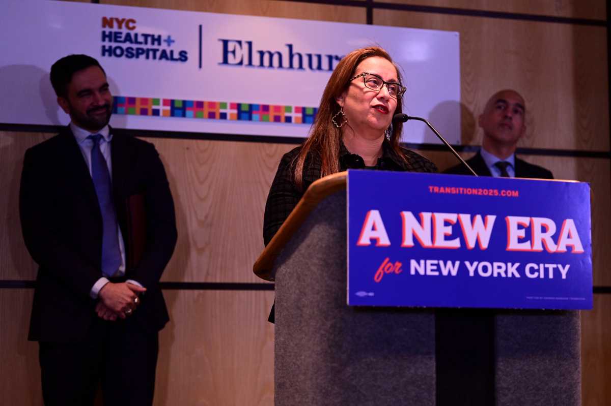 Elmhurst Hospital CEO Dr. Helen Arteaga speaks at a press conference in Elmhurst Hospital Tuesday. Mayor-elect Zohran Mamdani has named Arteaga as his Deputy Mayor for Health and Human Services. Photo by Lloyd Mitchell.