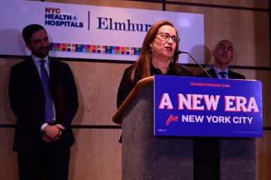 Elmhurst Hospital CEO Dr. Helen Arteaga speaks at a press conference in Elmhurst Hospital Tuesday. Mayor-elect Zohran Mamdani has named Arteaga as his Deputy Mayor for Health and Human Services. Photo by Lloyd Mitchell.