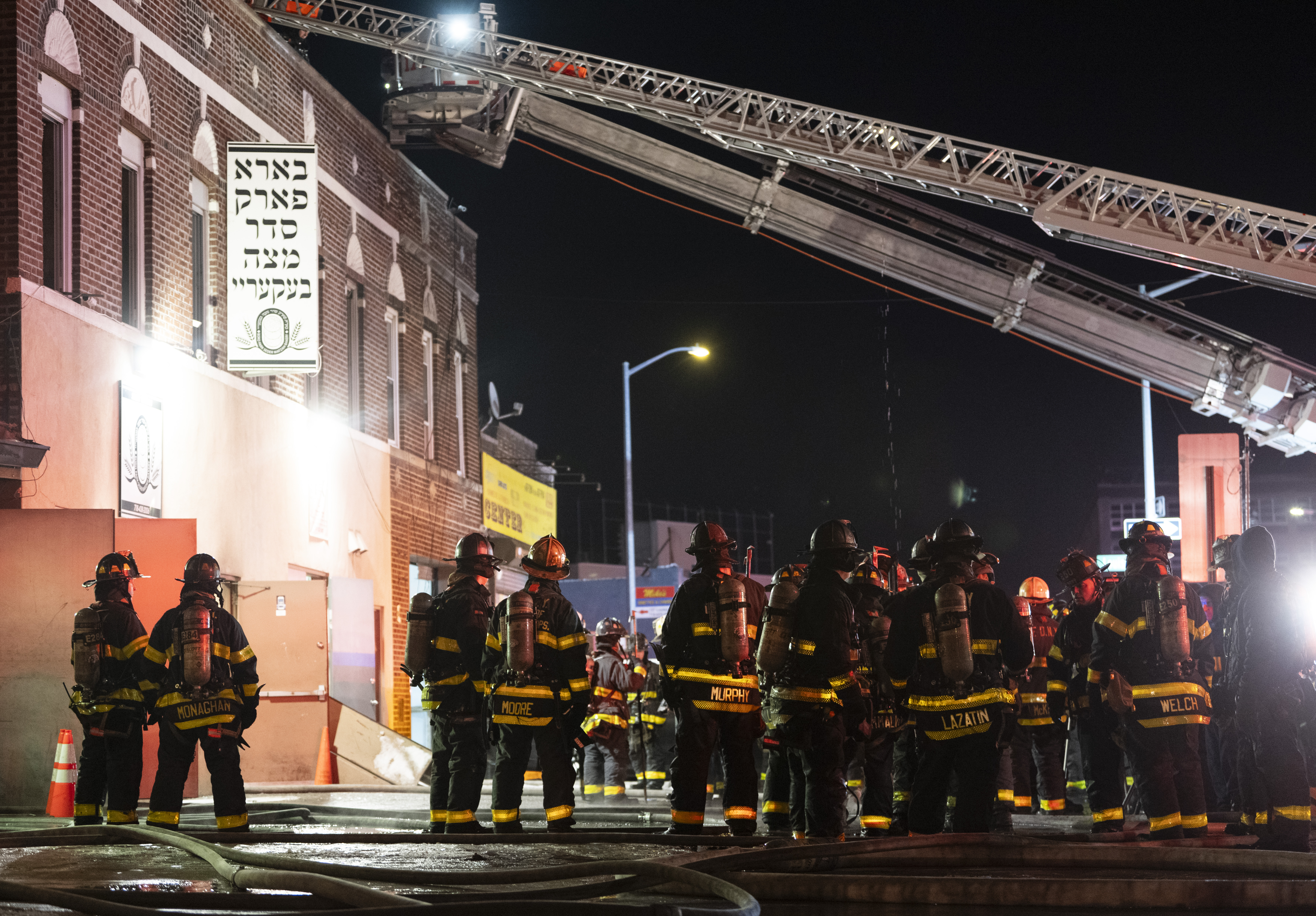 Firefighters outside Brooklyn matzoh factory after five-alarm fire