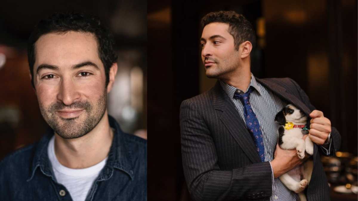 a man hides a puppy in his coat. a side by side of the dogist Elias Weiss Friedman, with him hiding a dog in his coat on the right.