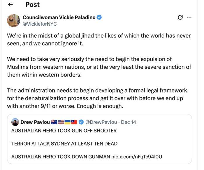 Screenshot of a now-deleted social media post by Council Member Vickie Paladino calling for the expulsion of Muslims.