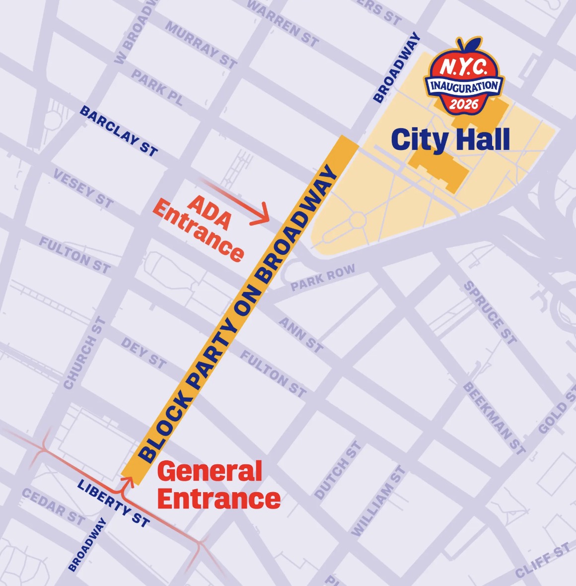 Map of Mamdani inauguration celebration