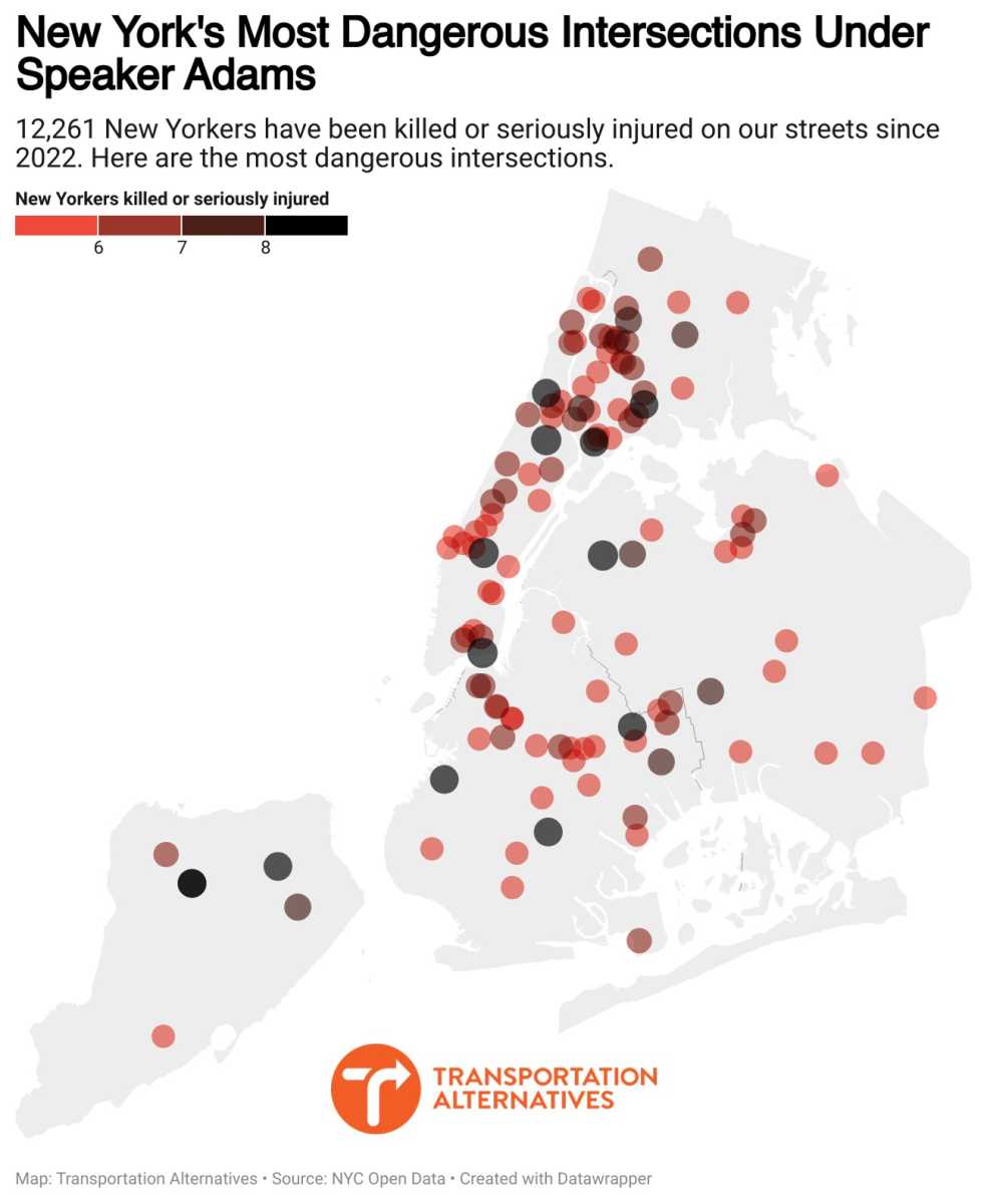 Which NYC intersections have had the most traffic deaths and injuries since 2022? 2