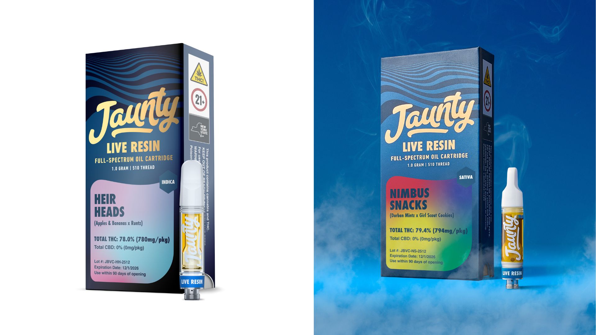 New York cannabis brand Jaunty launches new line of live resin vapes, continuing mission to bring affordability and transparency to the industry 3 Jaunty's new live resin vapes: Heir Heads and Nimbus Snacks.