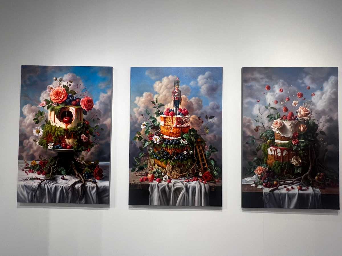 Oil paintings by Italian artist Elisa Anfuso, which are part of her series "Carnis in Fabula," on display during Miami Art Week.