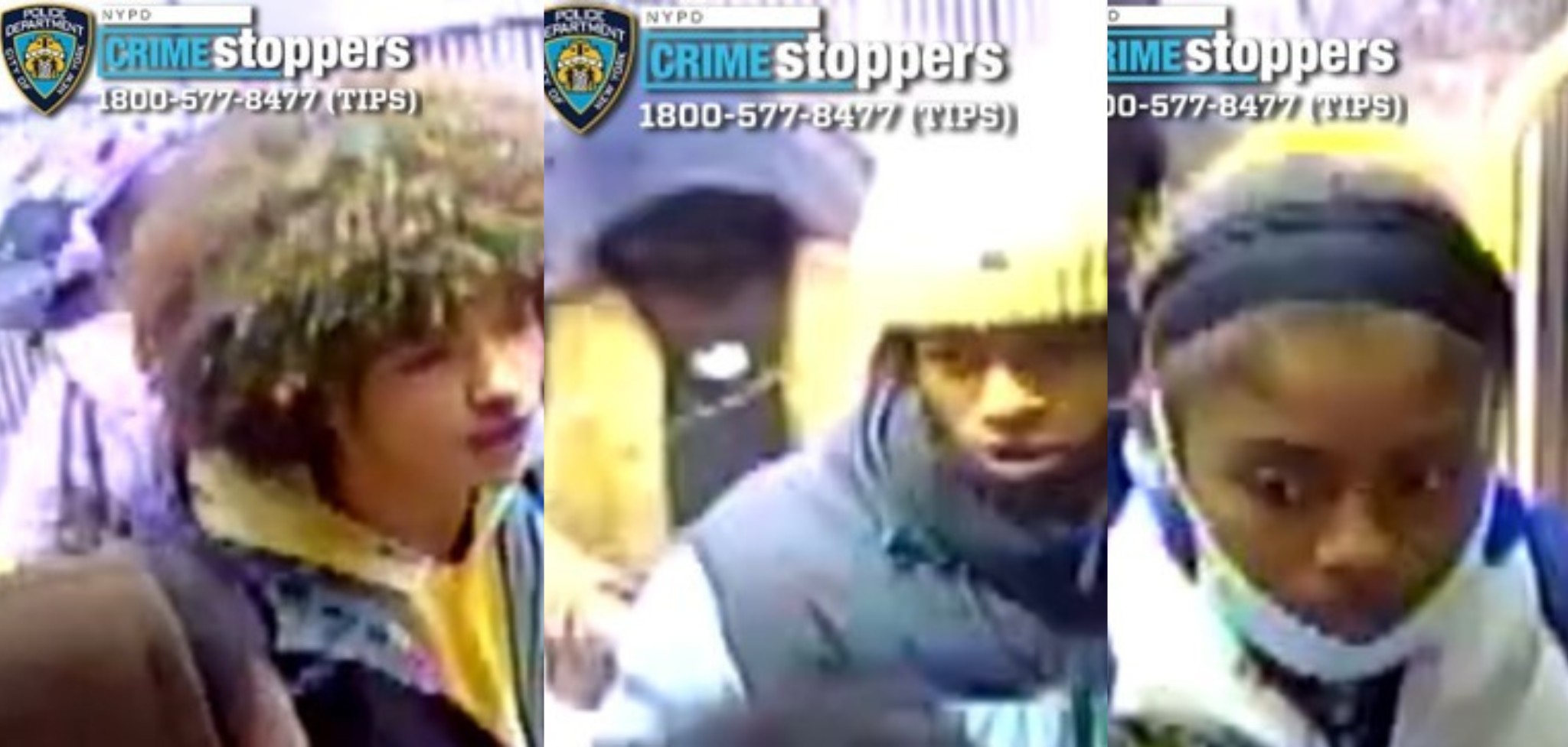 three people in winter clothes and one has a yellow hat