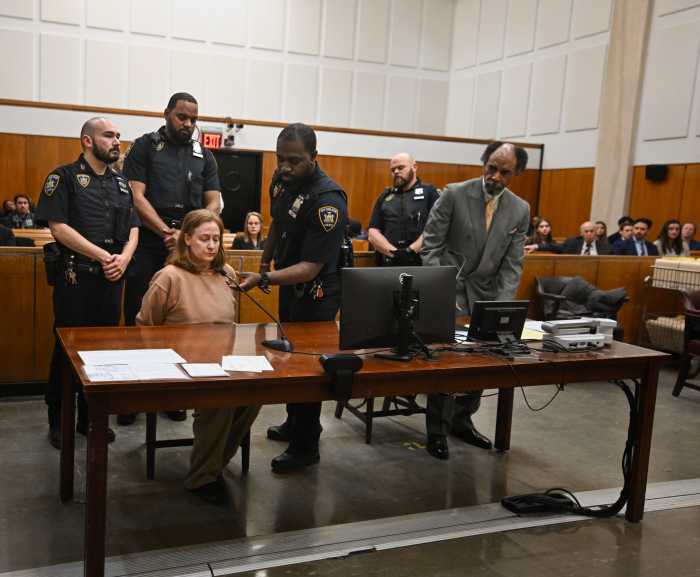 Macy's Herald Square stabbing suspect at bench with lawyers and cops in courtroom