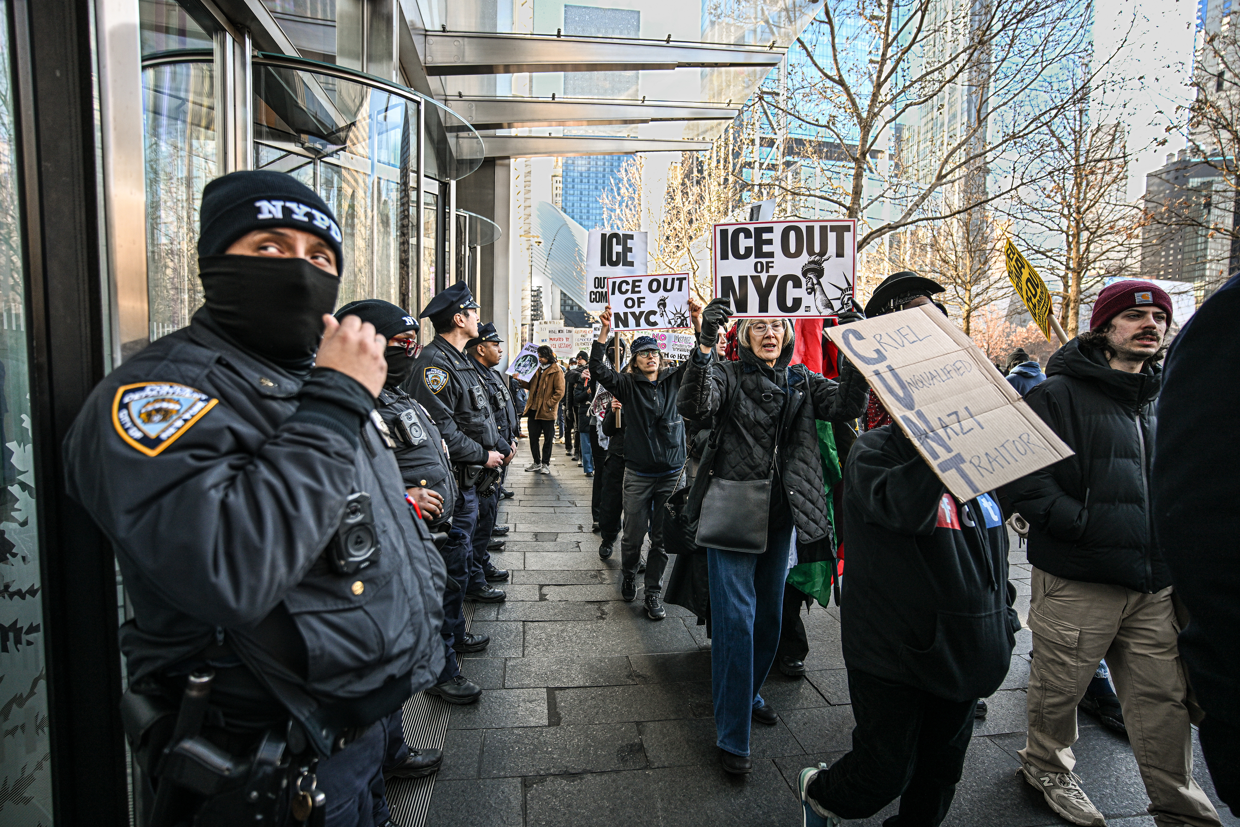 Police on guard during protest of Kristi Noem at World Trade Center