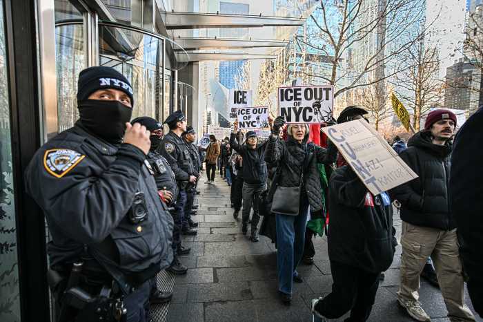 Police on guard during protest of Kristi Noem at World Trade Center