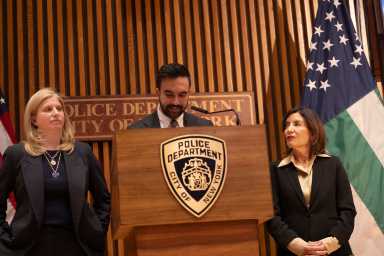 Mayor Zohran Mamdani speaks alongside Gov. Kathy Hochul and NYPD Commissioner Jessica Tisch at One Police Plaza, Jan. 6, 2026.