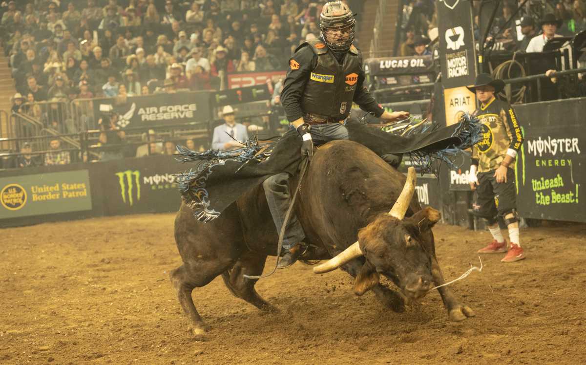 Pro Bull Rider Cassios Dias rides Real Deal at the Monster Buck Off At The Garden on Sunday, January 10.