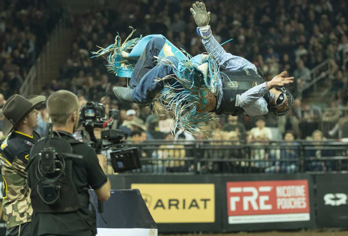 Julio Cesar of the New York Mavericks does a backflip after scoring high during the PBR Buck Off at the Garden on January 10.