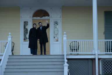 Mayor Zohran Mamdani and his wife Rama Duwaji on the porch of Gracie Mansion on Jan. 12, 2026.
