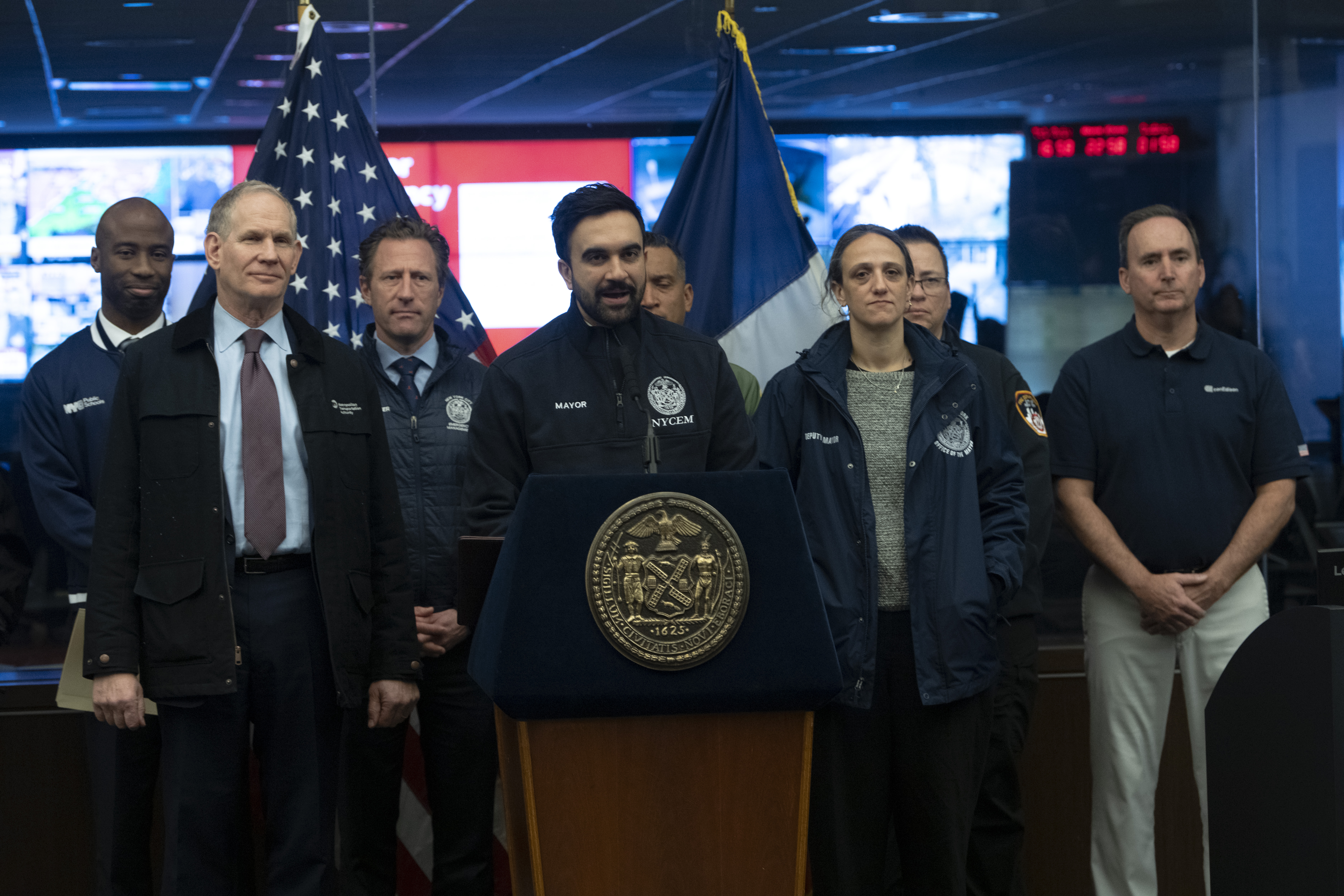 Mayor Zohran Mamdani speaks during a press briefing on the city’s preparations for an upcoming snowstorm at the New York City Emergency Management Department on Friday.