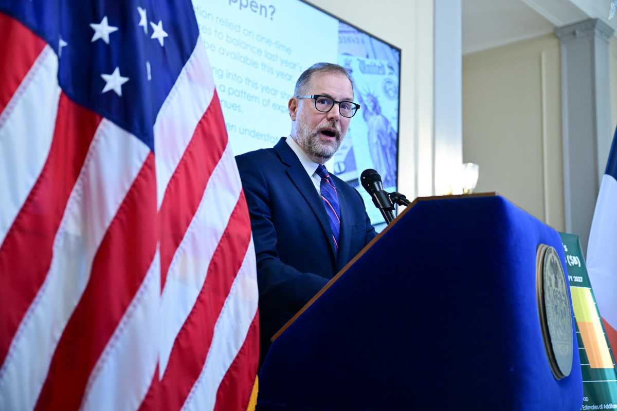 City Comptroller Mark Levine addresses reporters at a Lower Manhattan press conference Friday, outlining projected budget gaps facing New York City.