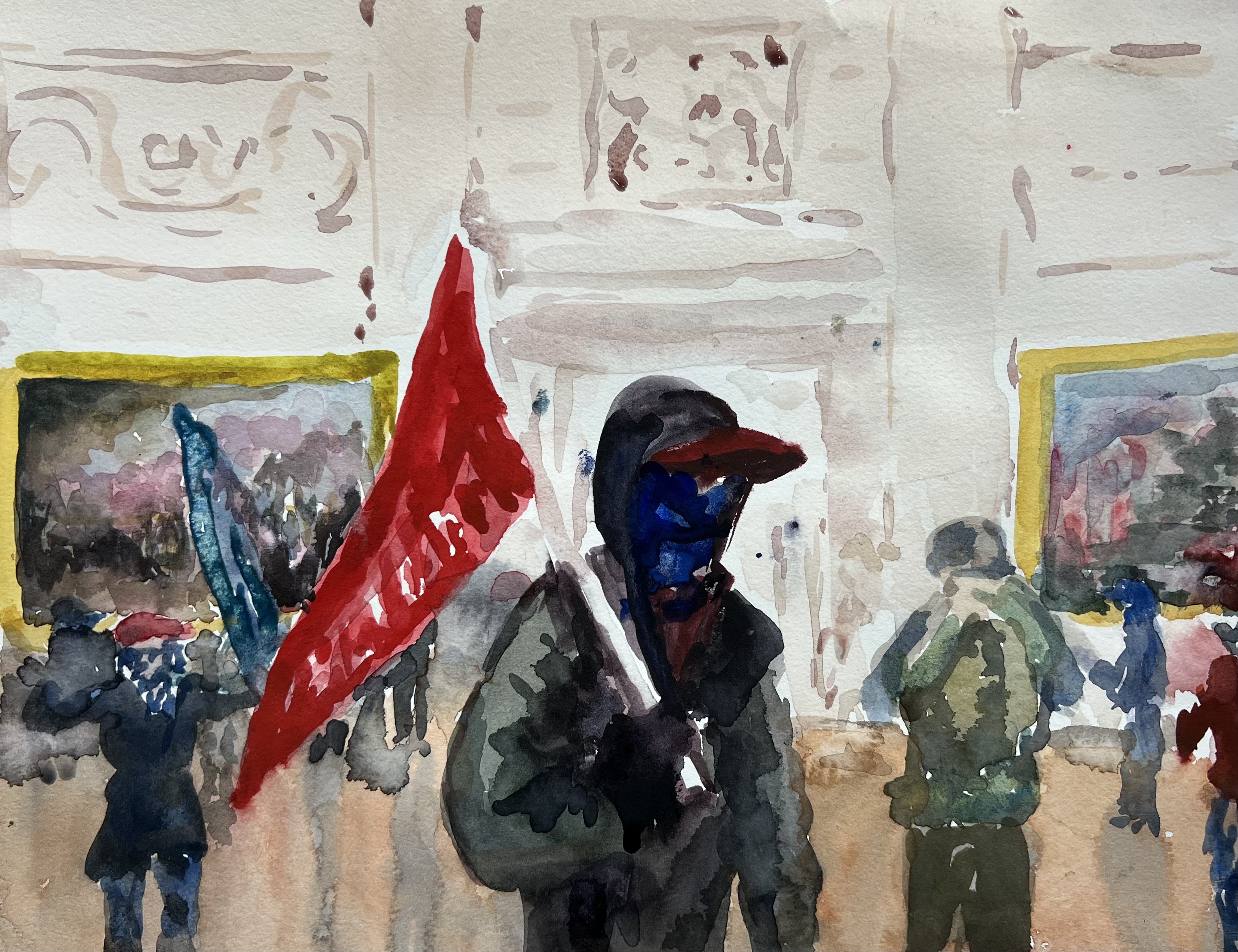 painting of a person dressed in black holding a red flag