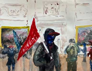 painting of a person dressed in black holding a red flag