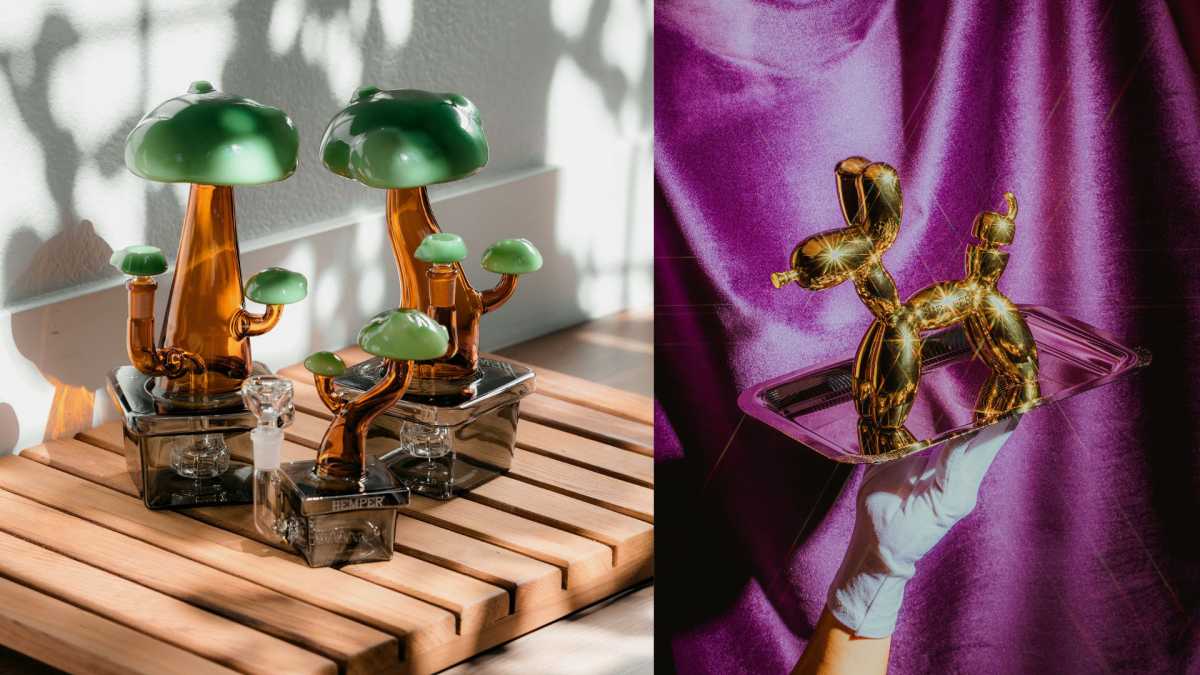 cannabis bongs side by side: one shaped like bonsai trees, the other shaped like a balloon animal dog.