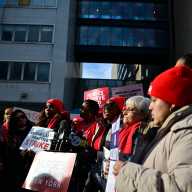 NURSES STRIKE: Talks resume between NYSNA and NewYork-Presbyterian; some Brooklyn caregivers lose health coverage 5 group of people holding signs, some wearing red hats during a nurses strike in NYC