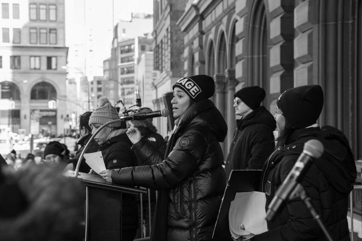 Ariana DeBose and Renée Elise Goldsberry speak at The People's Filibuster at the Public Theater.