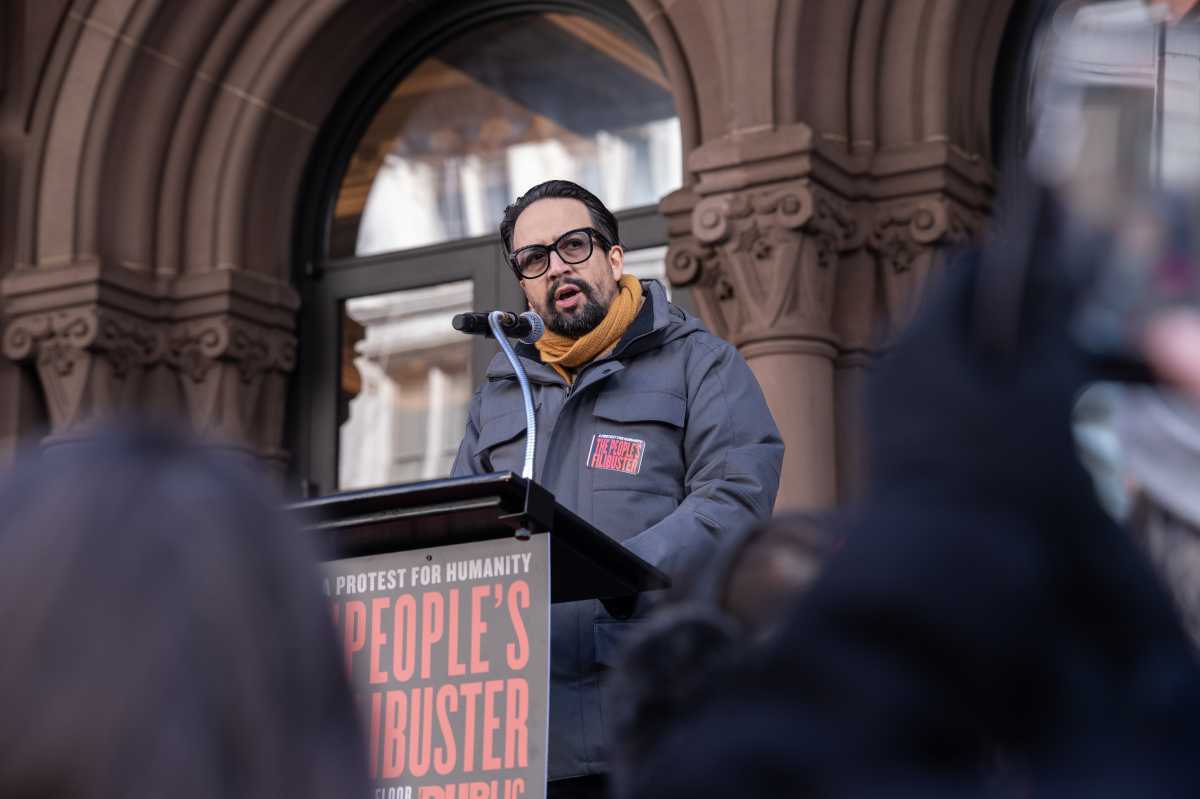 Lin-Manuel Miranda speaks at "The People's Filibuster" at the Public Theater on Jan. 31.