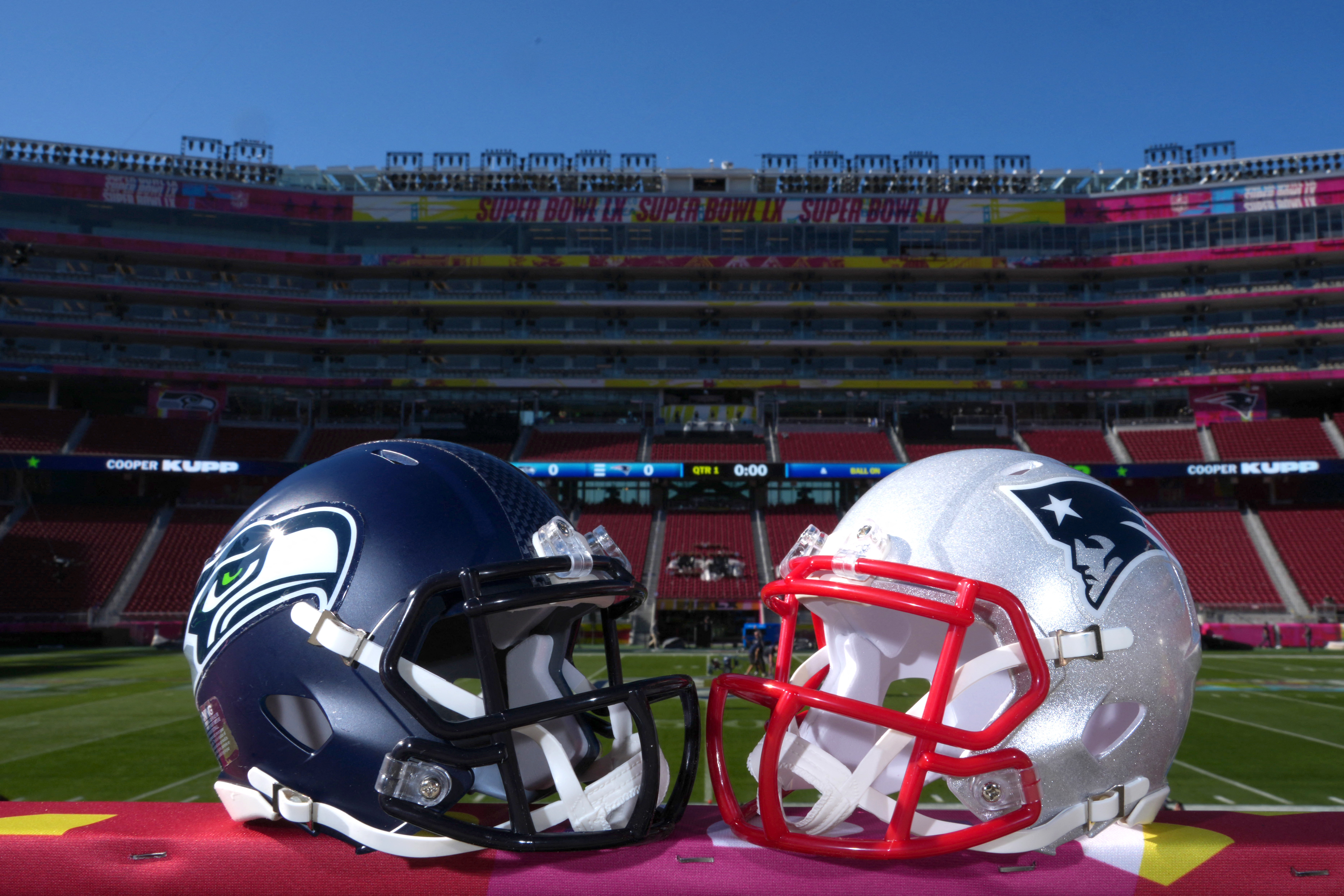 Seattle Seahawks and New England Patriots helmets at Levi's Stadium.