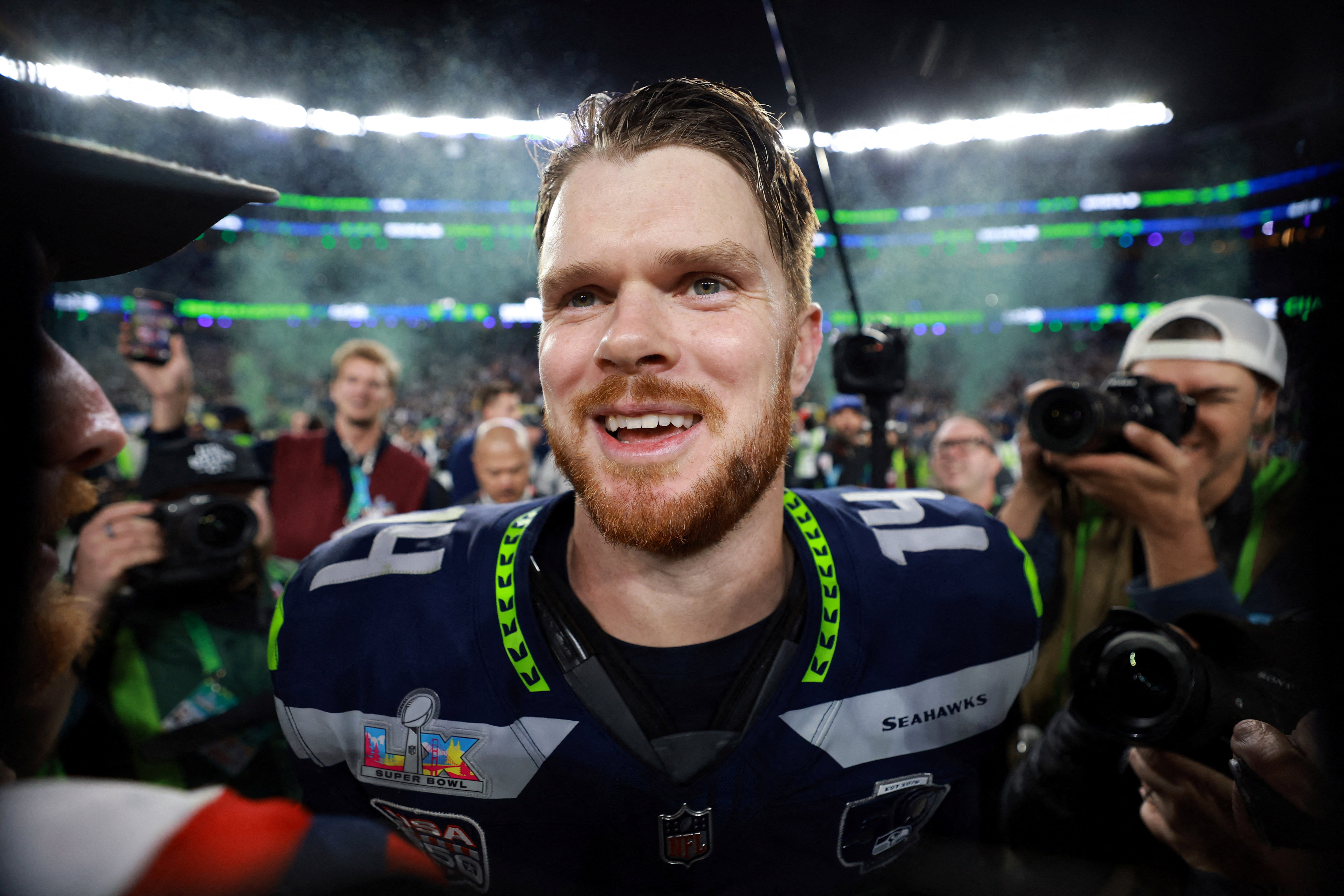 Sam Darnold Super Bowl LX celebration Seahawks