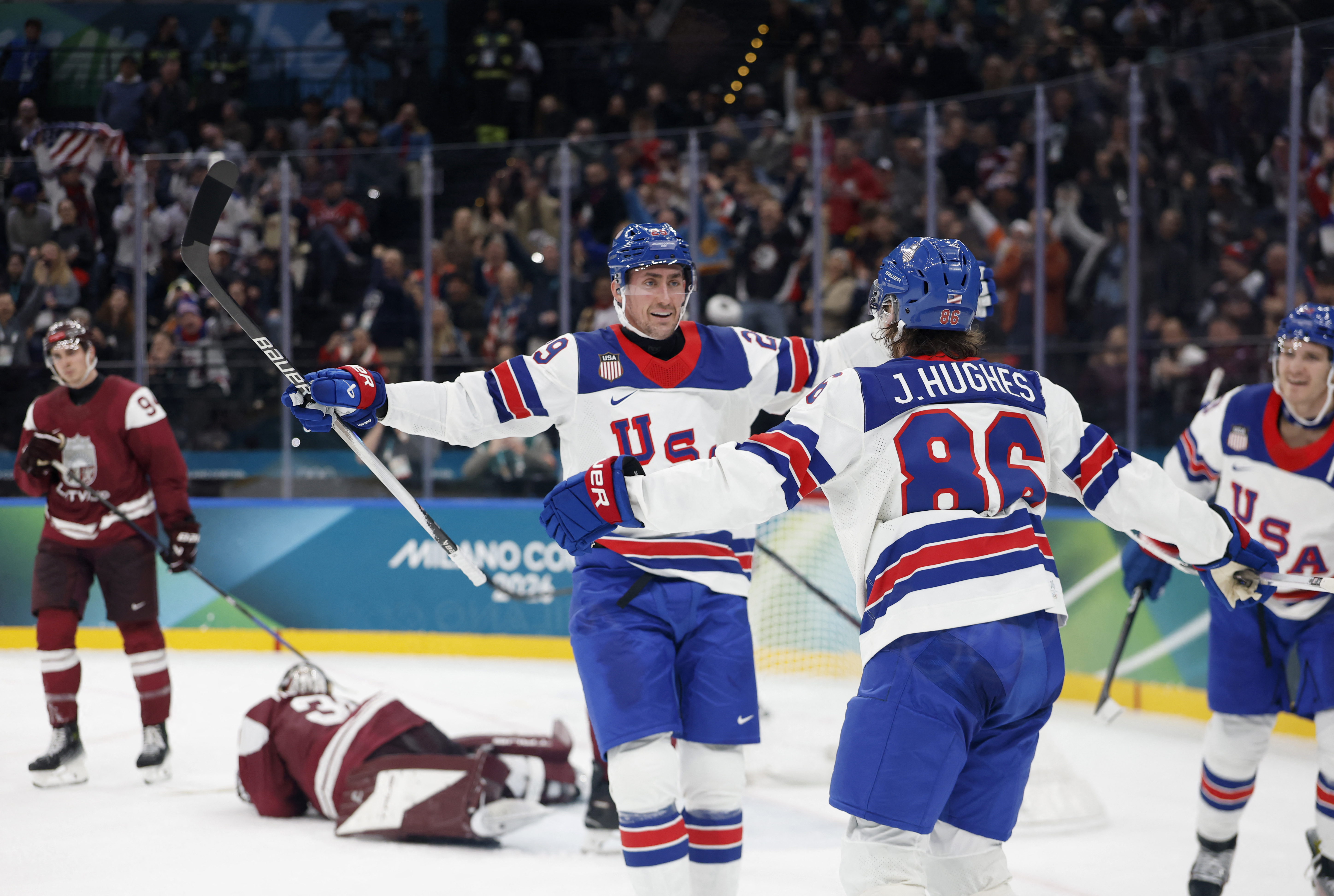 Brock Nelson Jack Hughes Team USA hockey vs. Latvia 2026 Winter Olympics