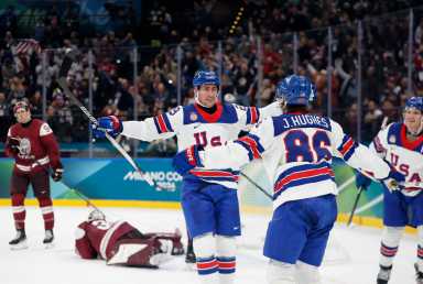 Brock Nelson Jack Hughes Team USA hockey vs. Latvia 2026 Winter Olympics