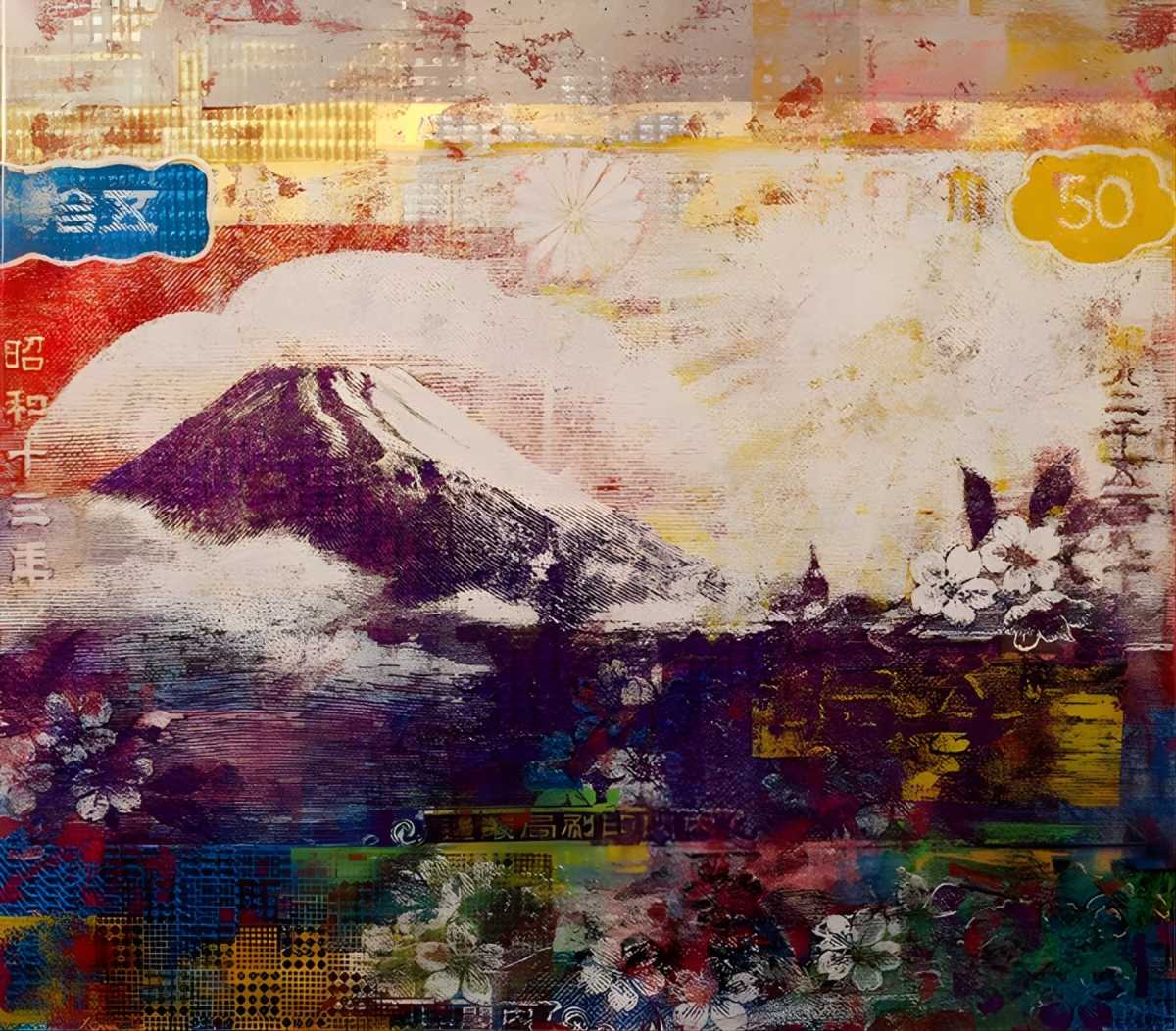 Cashing out: Houben RT follows the money with his art — and paints what it reveals 3 50 Sen Fuji Mountain by Houben RT