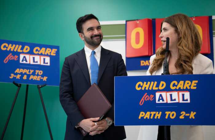 Mayor Zohran Mamdani and City Council Speaker Julie Menin at the launch of the District 2 Pre-K and 3-K Center on the Upper East Side, Feb. 19, 2026.