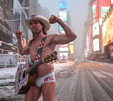 Naked Cowboy braves the NYC blizzard in Times Square