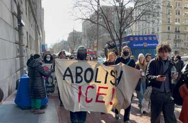Students at Columbia University protest following the arrest of fellow student Ellie Aghayeva by ICE.