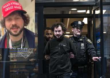 Perp walk of suspect in MAGA hat arrested for hate crime in Manhattan