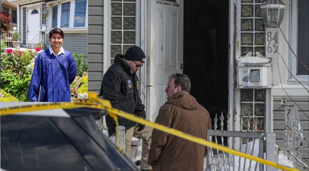 Officers outside the Chakraborty family home on Jan. 26 following the shooting of 22-year-old Jabez