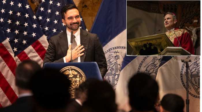 Mayor Mamdani with inset of Archbishop Hicks