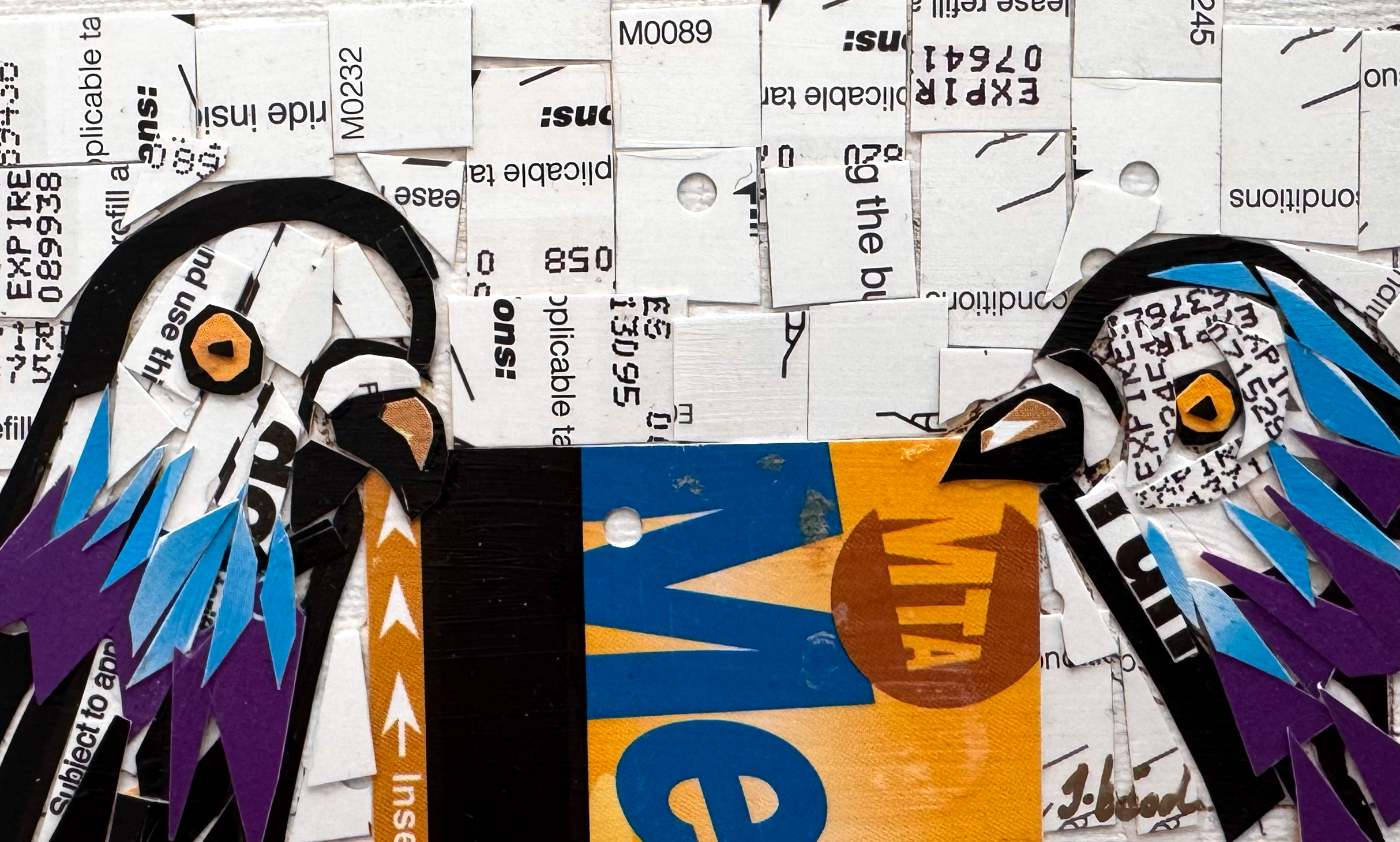 artwork using MetroCards showing two pigeons